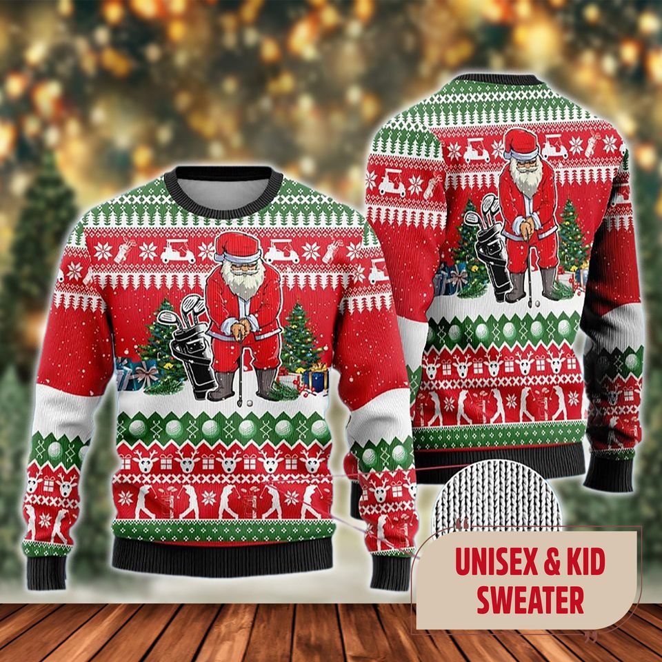 Golf Player Holiday Ugly Christmas Sweater, Santa Plays Golf Xmas Sweatshirt