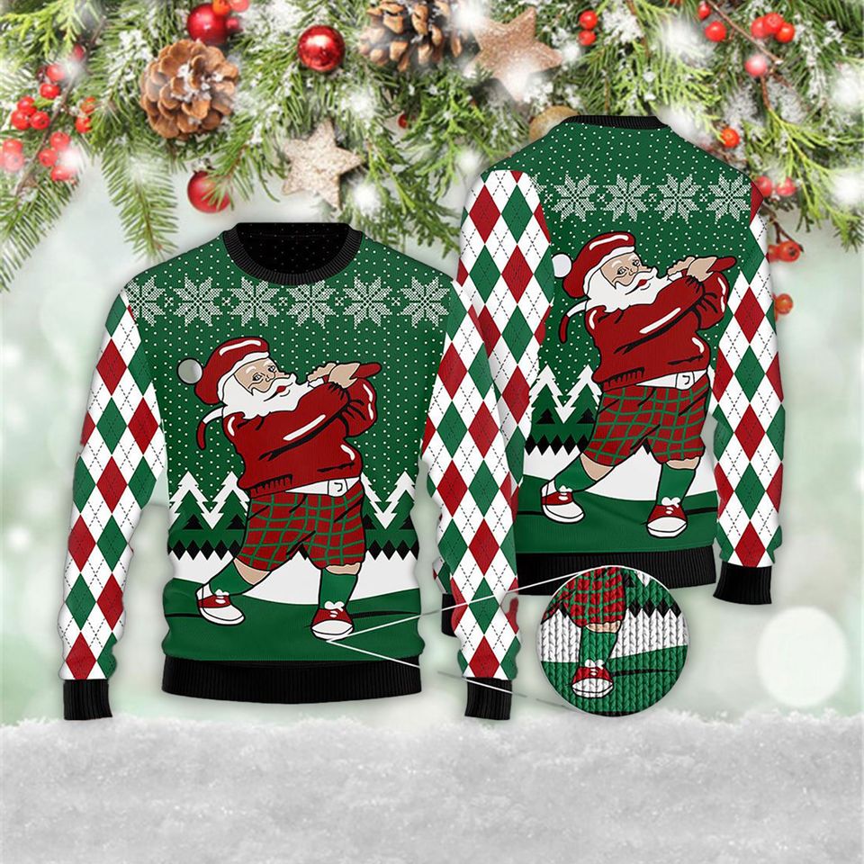 Golfer Santa Ugly Christmas 3D Ugly Christmas Zip Sweater