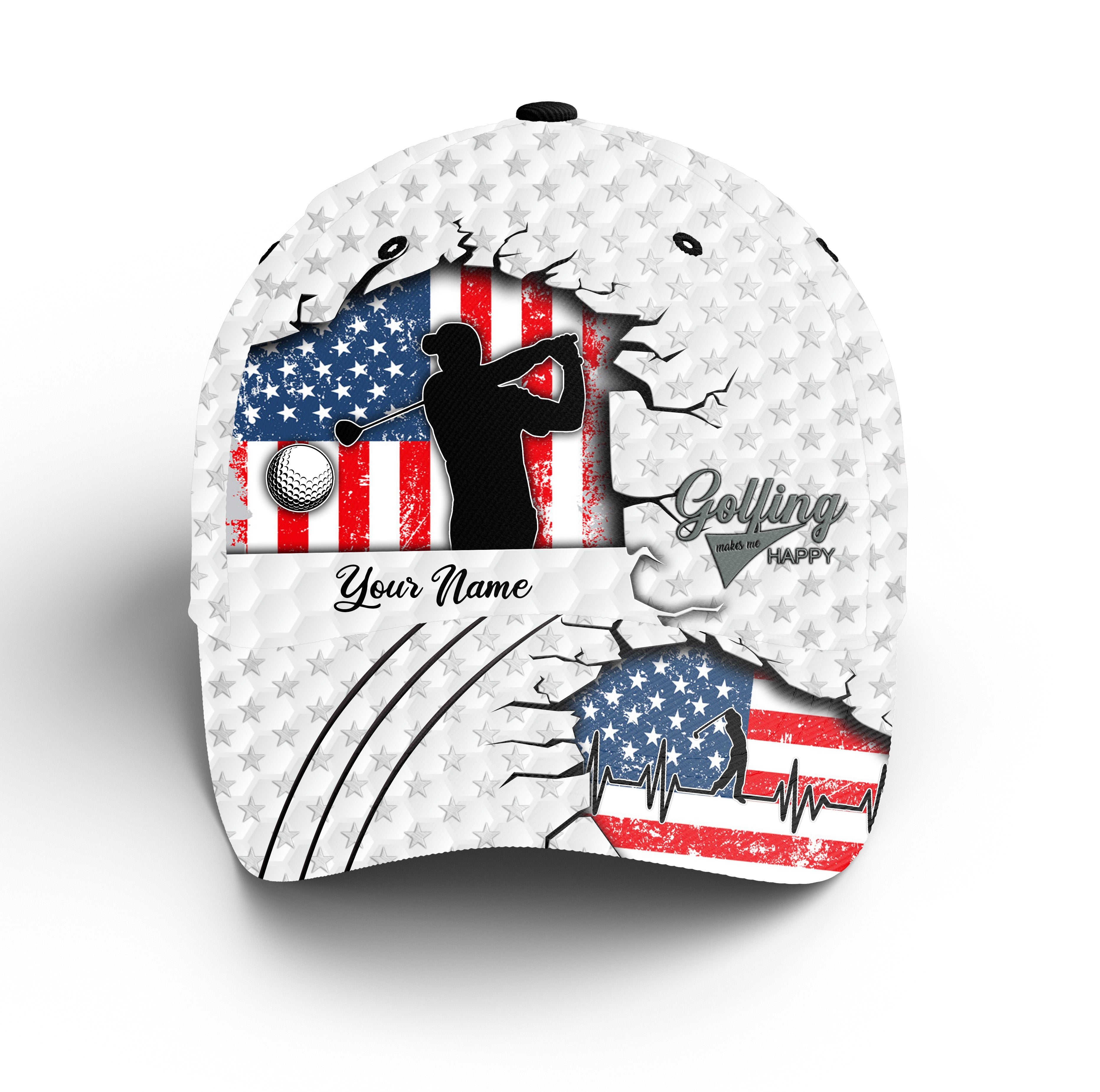 Golfing Makes Me Happy Custom Name American Flag Golf Hat Adjustable Mesh Unisex Baseball Golf Cap Hat, Fishing Classic Cap Trucker Hats Custom Hats Gifts For Men & Women