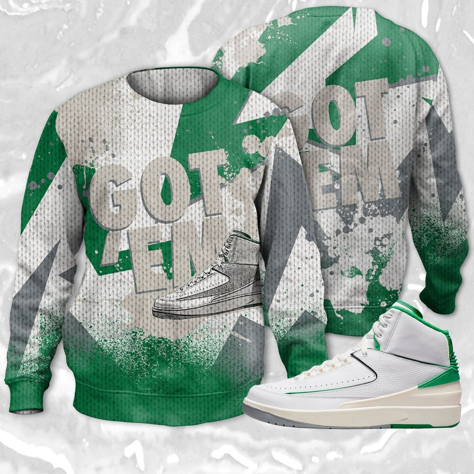 Got Em 3D ZigZag Painted Ugly Sweater Match Jordan 2 Lucky Green