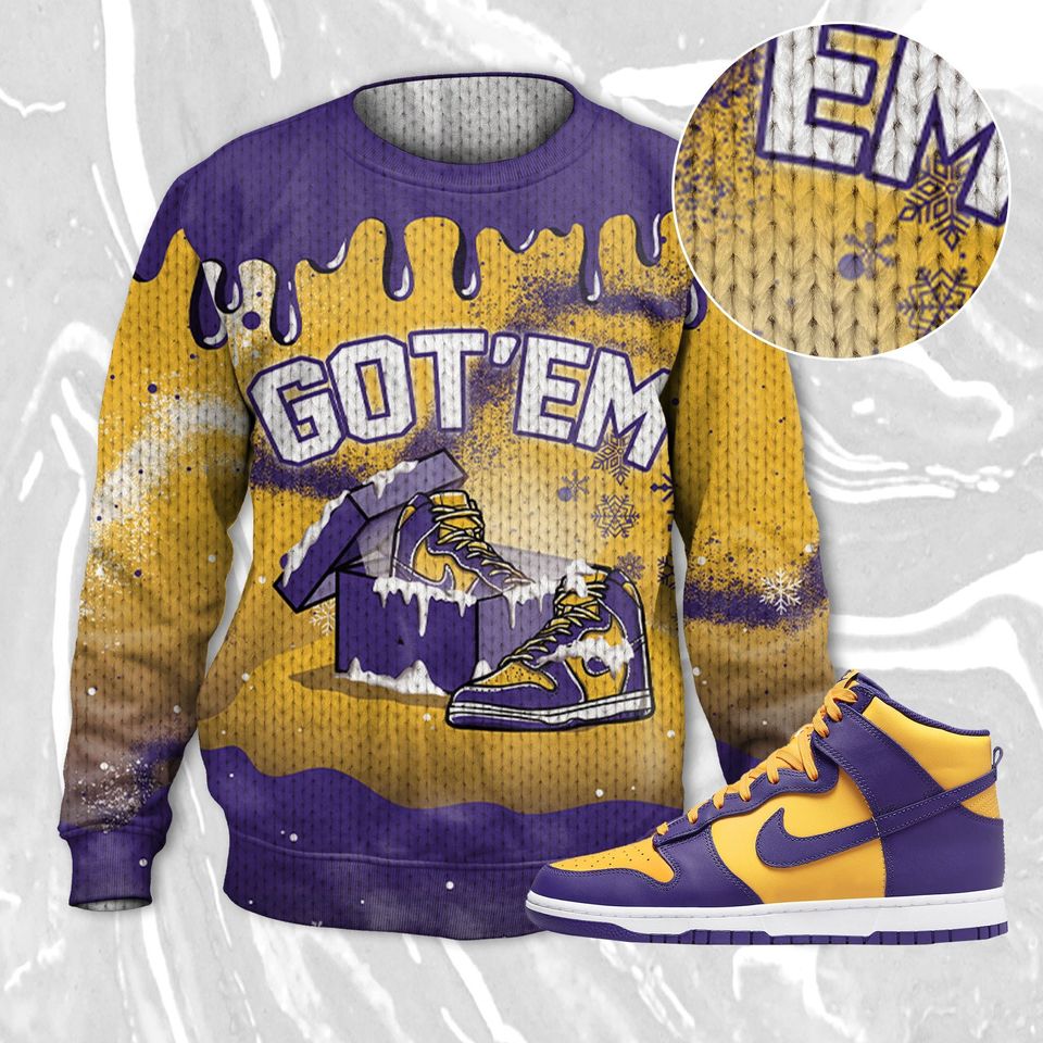 Got Em Christmas 3D Splash Ugly Sweater Match Dunk High Purple University Gold - Image 2