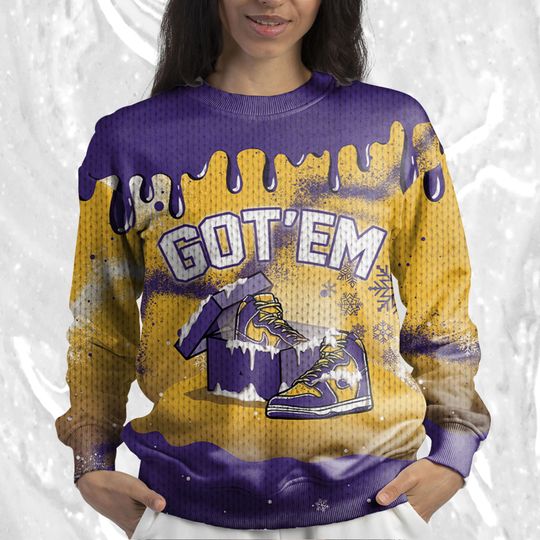 Got Em Christmas 3D Splash Ugly Sweater Match Dunk High Purple University Gold - Image 10