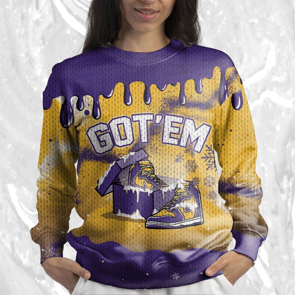 Got Em Christmas 3D Splash Ugly Sweater Match Dunk High Purple University Gold - Image 5
