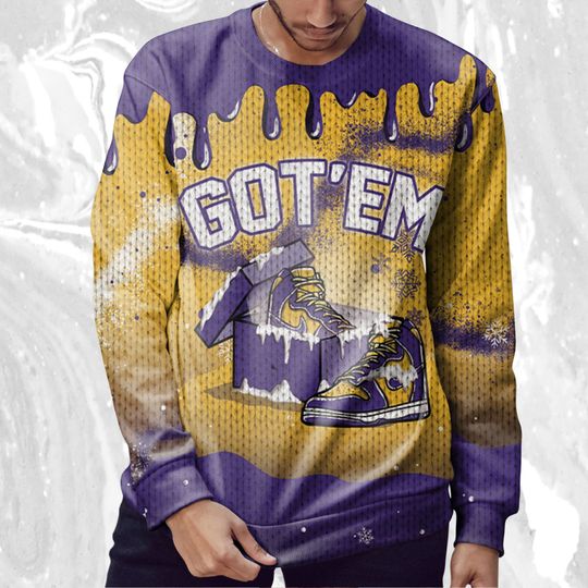 Got Em Christmas 3D Splash Ugly Sweater Match Dunk High Purple University Gold - Image 9