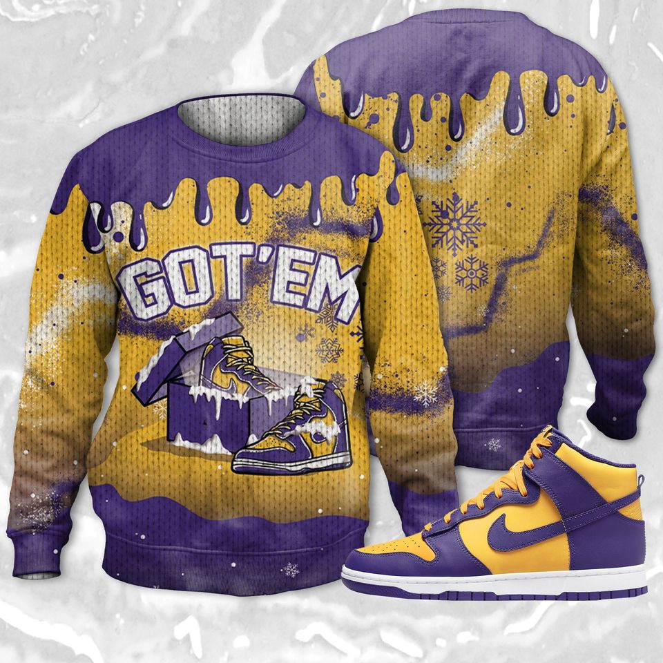Got Em Christmas 3D Splash Ugly Sweater Match Dunk High Purple University Gold