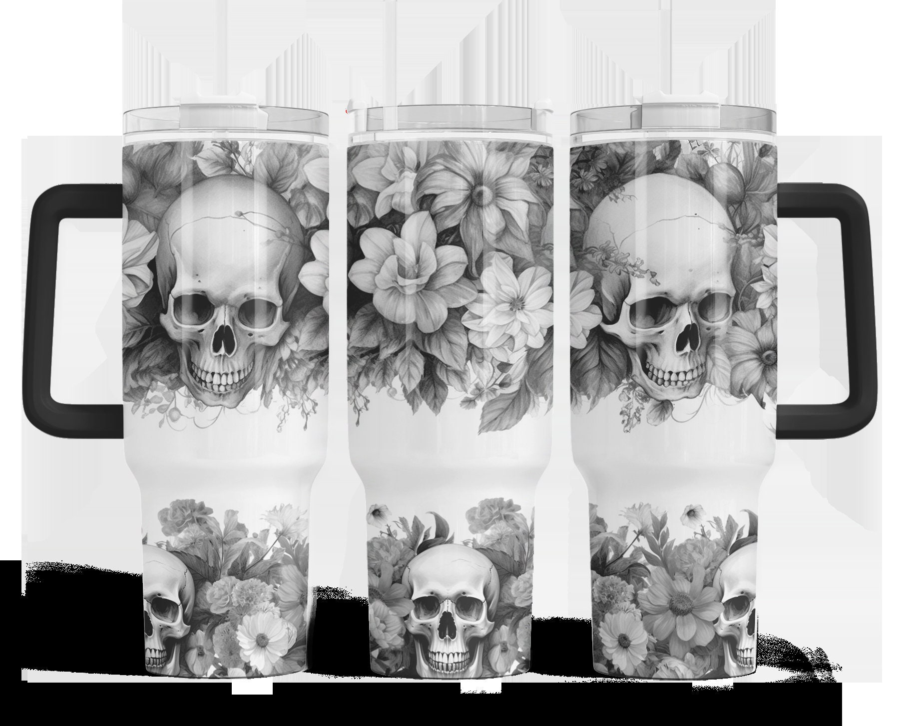 Gothic Black and White Floral Skulls Custom Stanley Cup 40 oz 30 oz Tumbler With HandleTVC2301165
