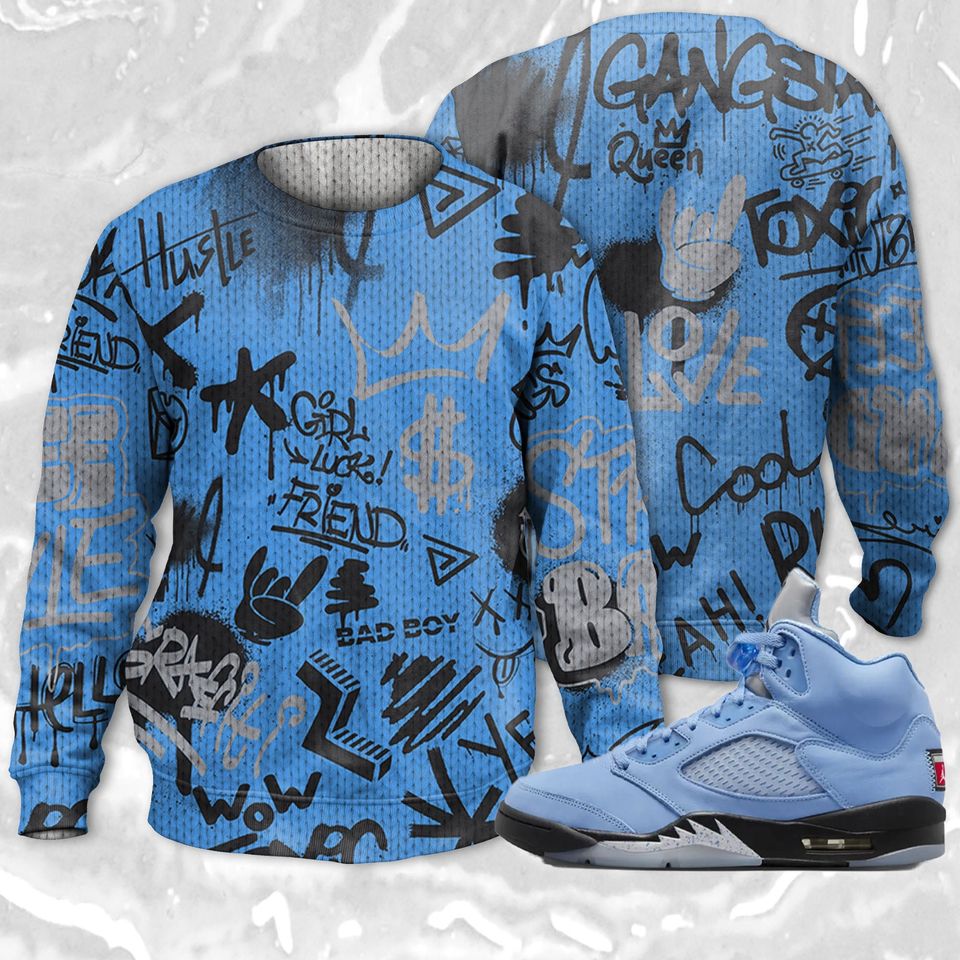 Graffiti King 3D Doodle Style Ugly Sweater Match Jordan 5 University Blue