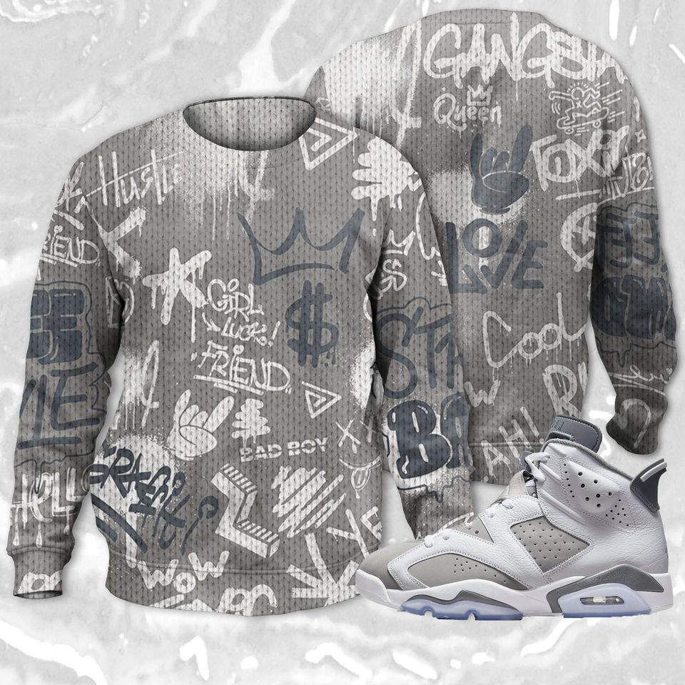 Graffiti King 3D Doodle Style Ugly Sweater Match Jordan 6 Cool Grey