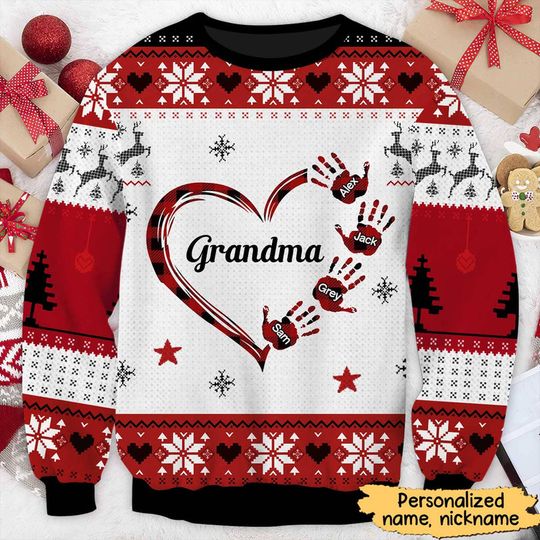 Grandma Mom Heart Kids Handprints Custom Names Caro Pattern Personalized Ugly Sweater - Image 2