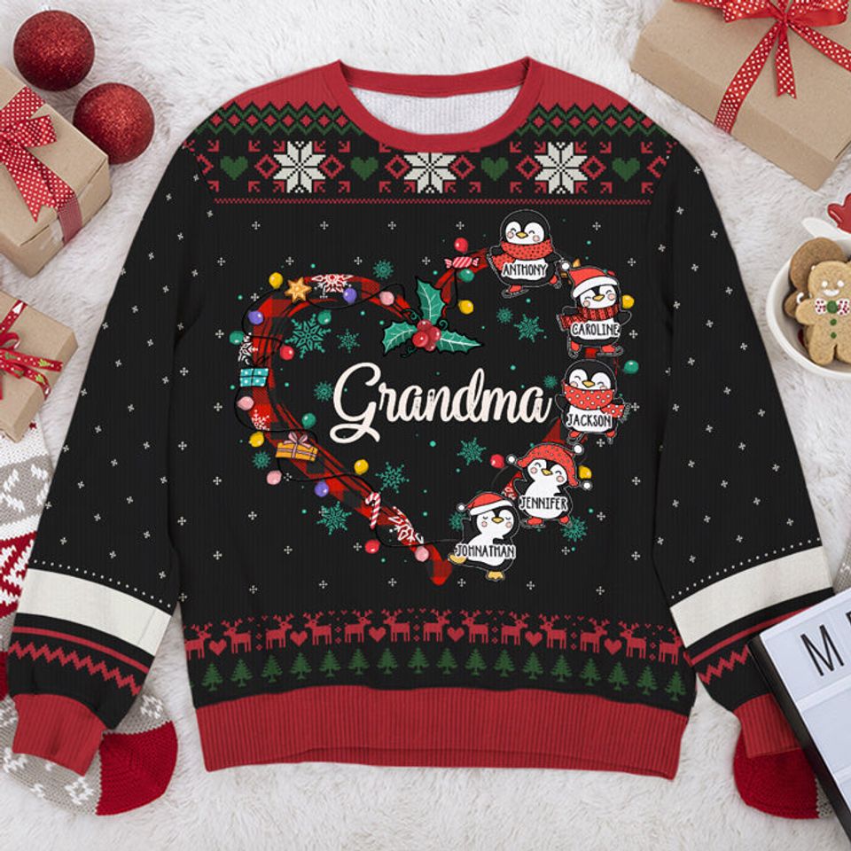 Grandma's Little Penguins Christmas - Family Personalized Ugly Sweatshirt - Christmas Gift For Grandma, Grandparents