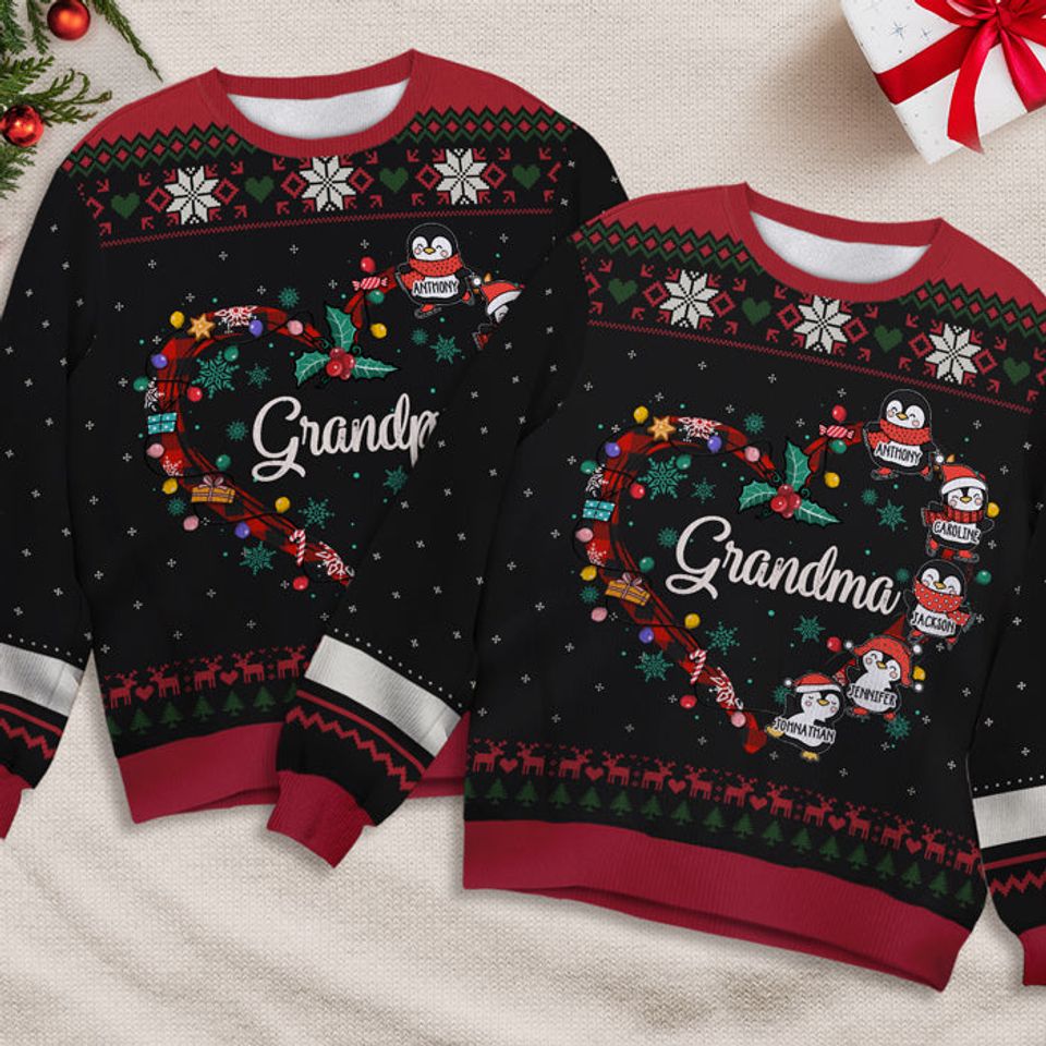 Grandma's Little Penguins Christmas - Family Personalized Ugly Sweatshirt - Christmas Gift For Grandma, Grandparents - Image 3
