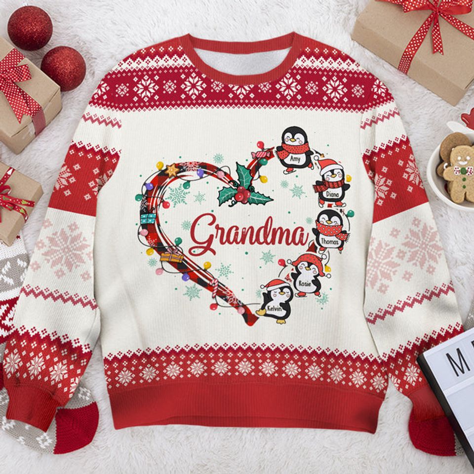 Grandma's Little Penguins Personalized Custom Grandparents Christmas Gift Unisex Wool Ugly Xmas Sweatshirt