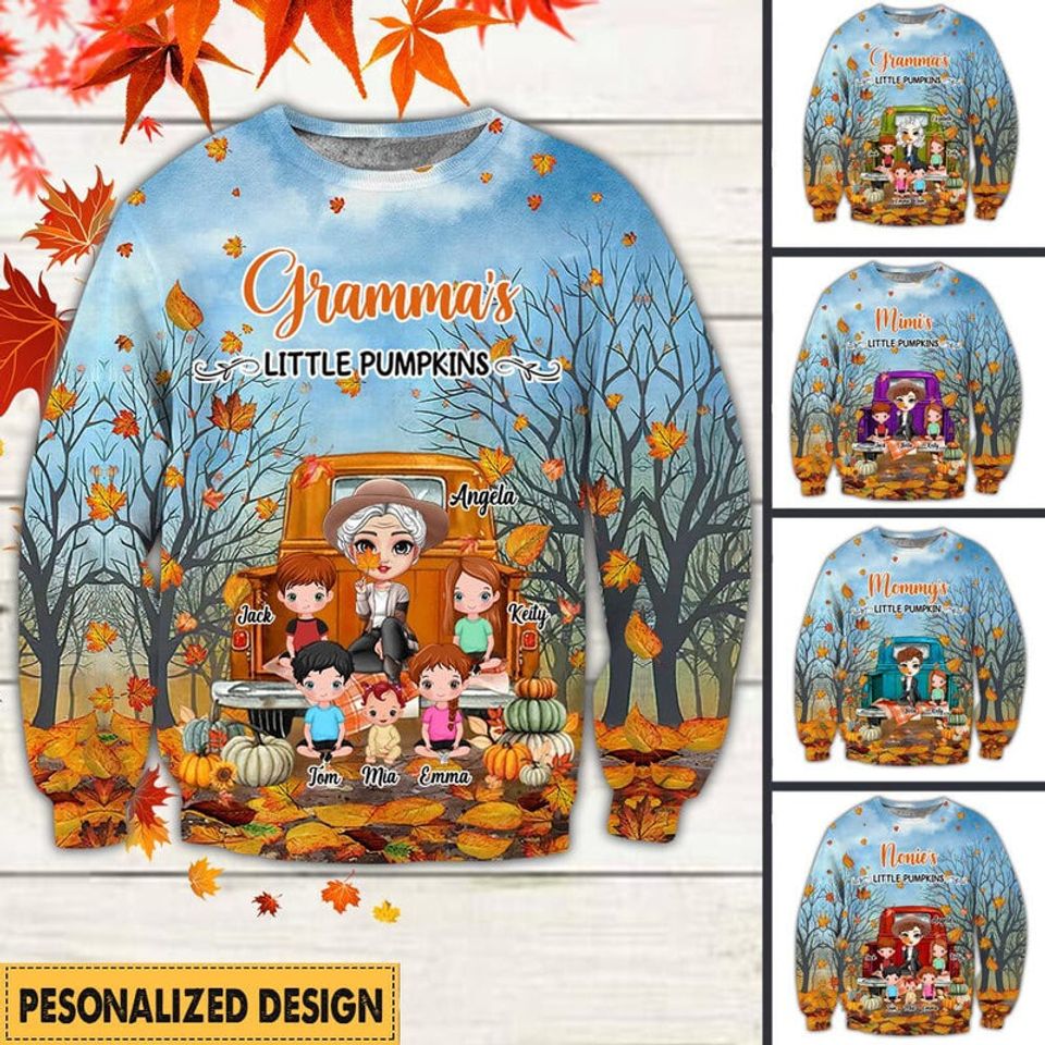 Grandma's Little Pumpkins Fall Season Truck Personalized 3D Ugly Sweatshirt
