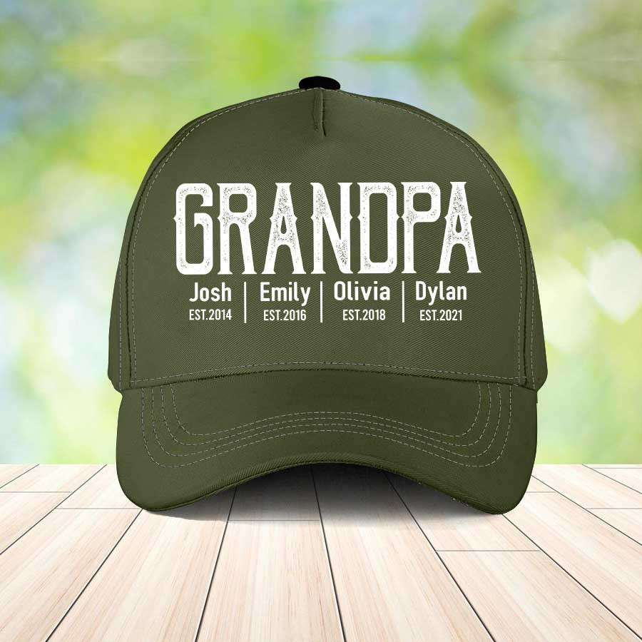 Grandpa with Grandkid Names , Grandpa Est Classic Cap for Papa, Retro Father's Day Hat Trucker Hats Custom Hats Gifts For Men & Women