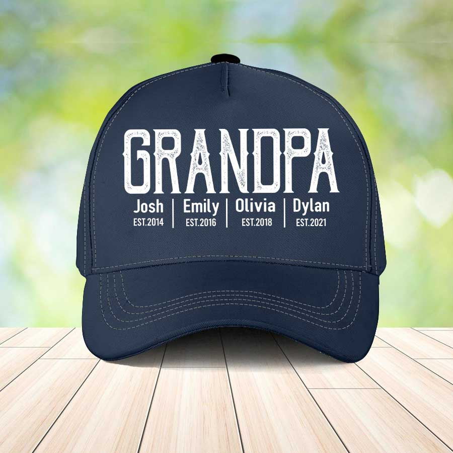 Grandpa with Grandkid Names , Grandpa Est Classic Cap for Papa, Retro Father's Day Hat Trucker Hats Custom Hats Gifts For Men & Women