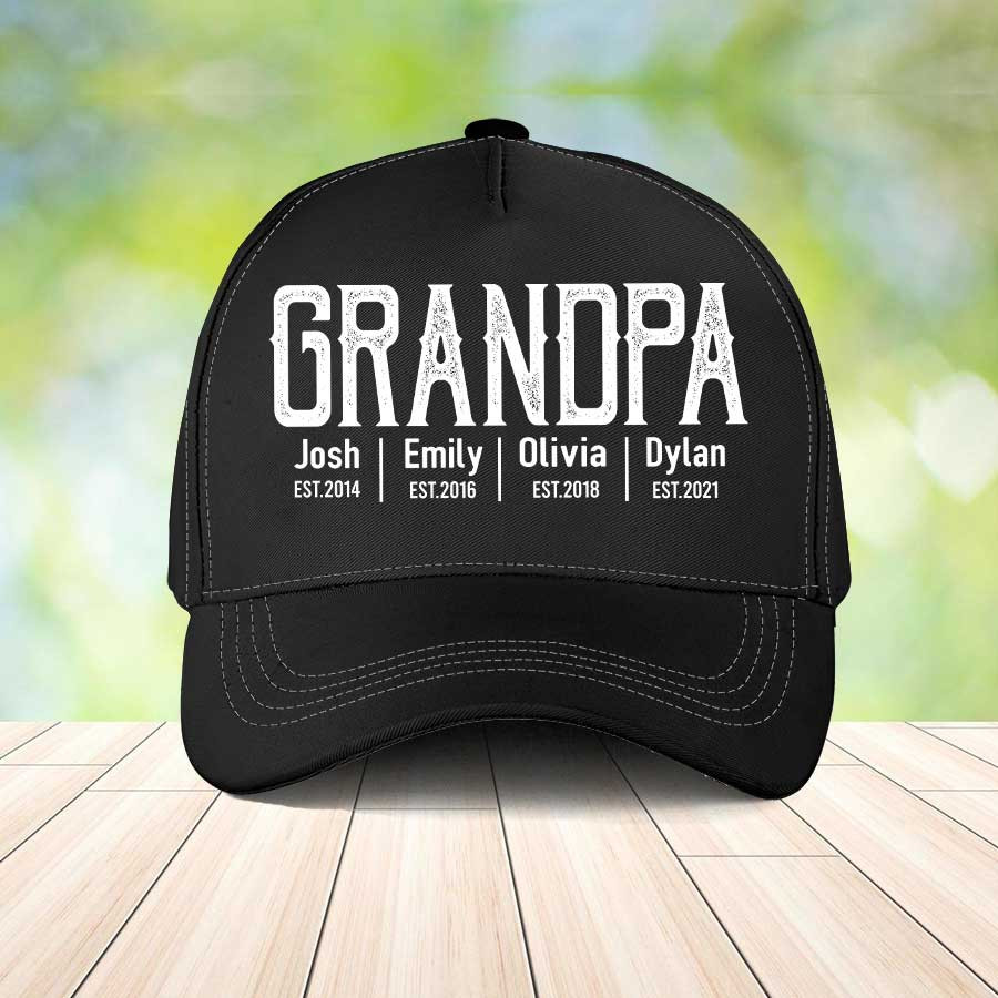 Grandpa with Grandkid Names , Grandpa Est Classic Cap for Papa, Retro Father's Day Hat Trucker Hats Custom Hats Gifts For Men & Women