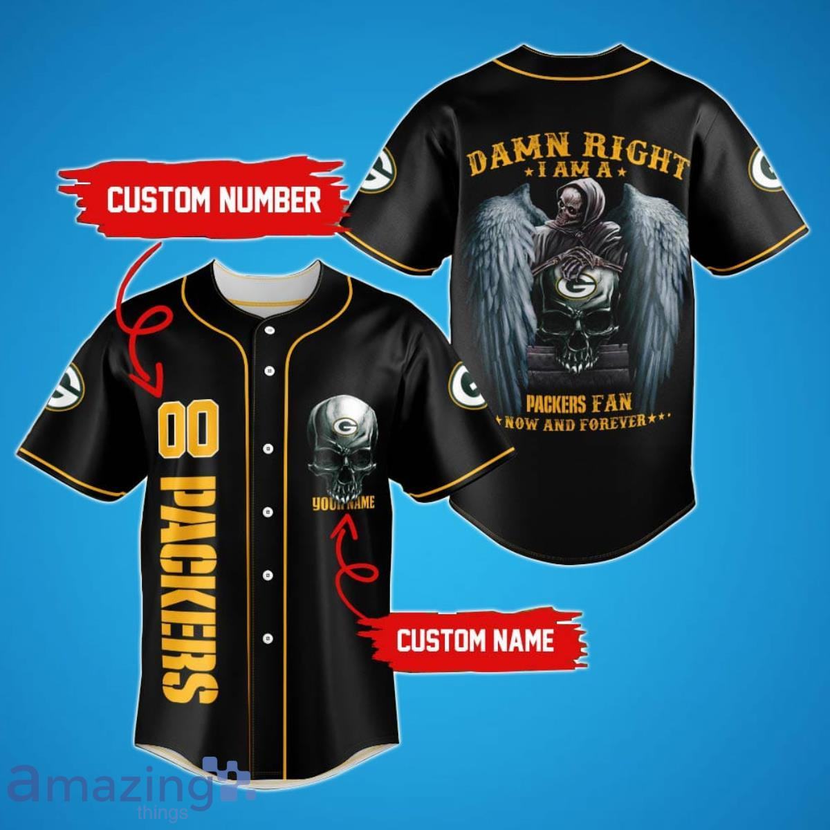 Green Bay Packers Damn Right Skull NLF Personalized & Number Baseball Jersey Shirt Fans