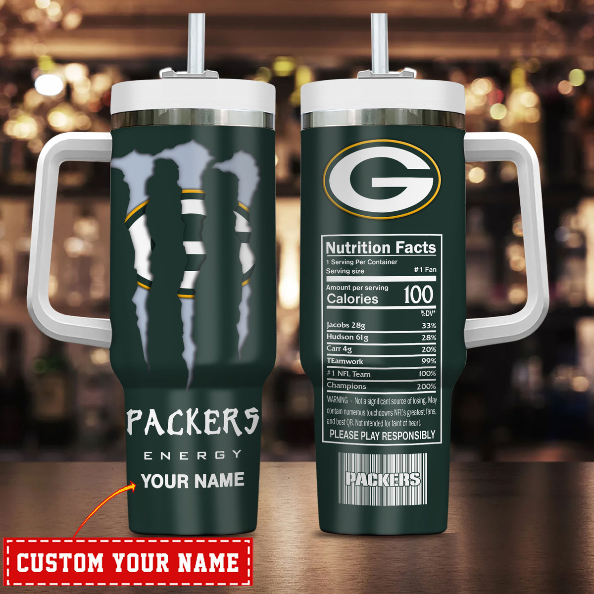 Green Bay Packers NFL Energy Nutrition Facts Custom Stanley Cup 40 oz 30 oz Tumbler With HandleTVC230172