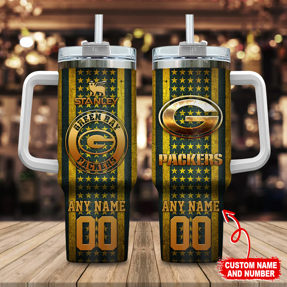 Green Bay Packers NFL Golden Logos US Flag Custom Stanley Cup 40 oz 30 oz Tumbler With HandleTVC230180