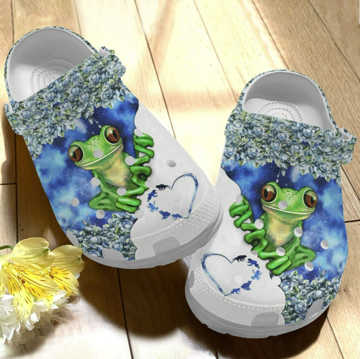 Green Frog Floral Crocs Crocband Clogs Shoes Comfortable For Men Women and Kids