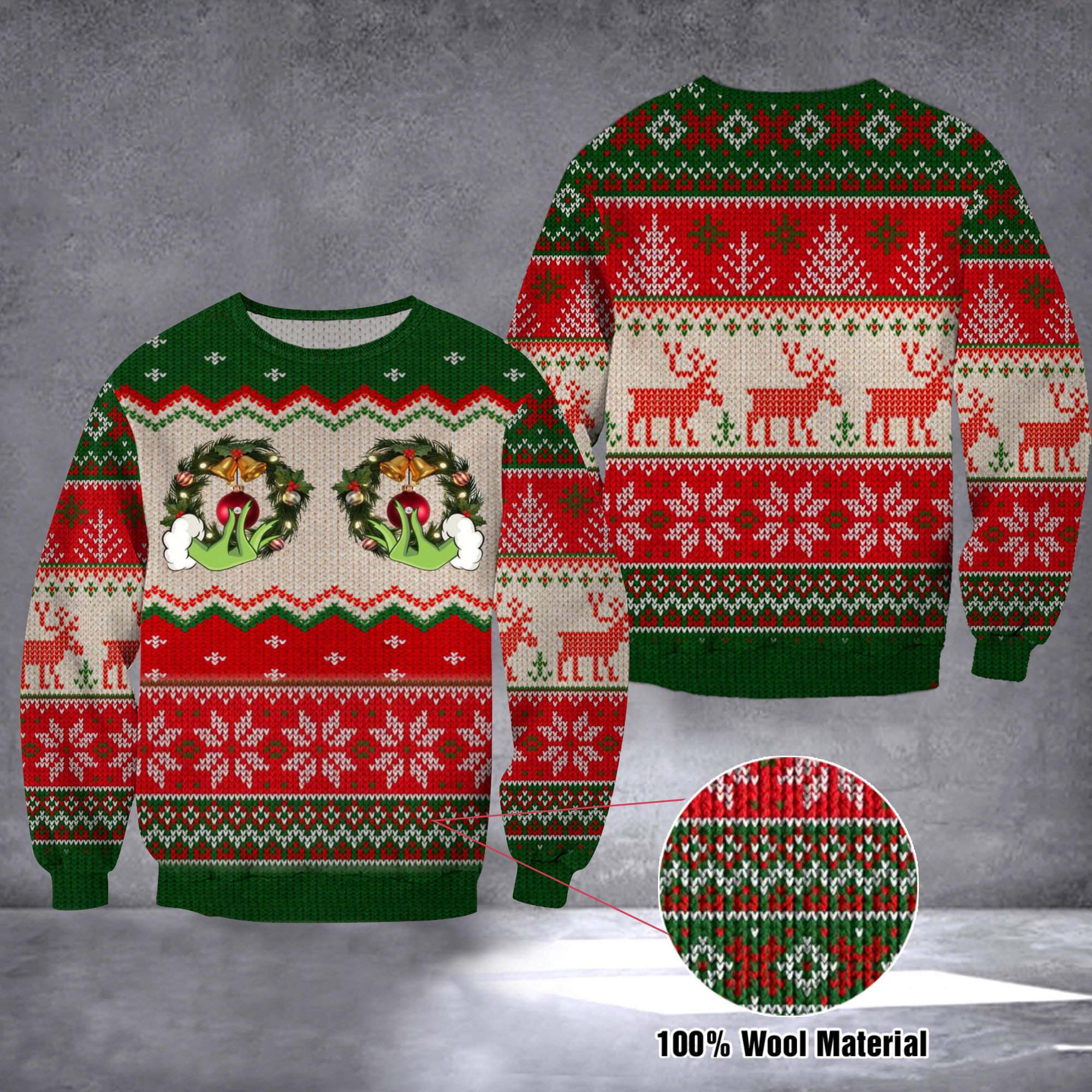 Green Hand Wreath Ugly Christmas Sweater Mens Womens Holiday Xmas Sweater 2024 Gift Ideas