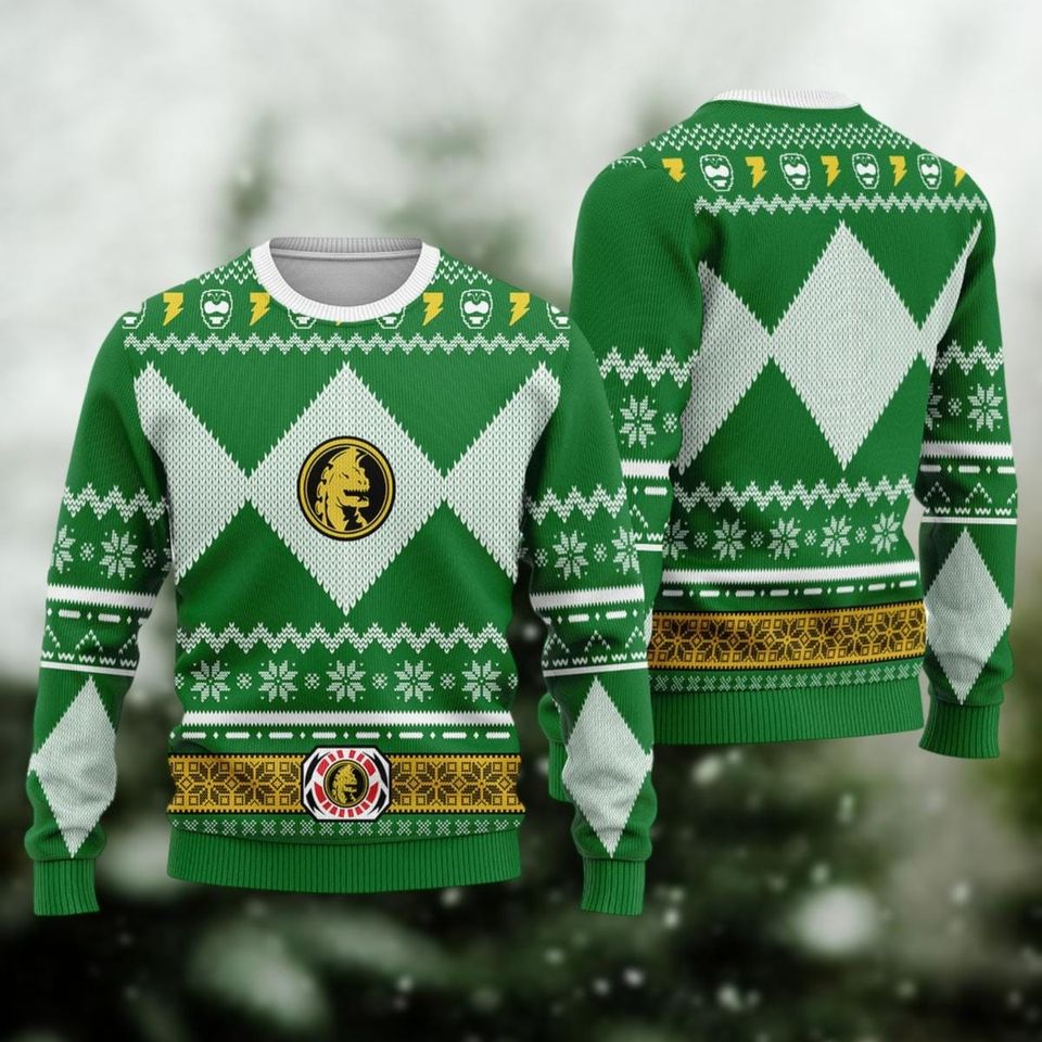 Green Power Ranger Ugly Christmas Sweater, Mighty Morphin Sweater