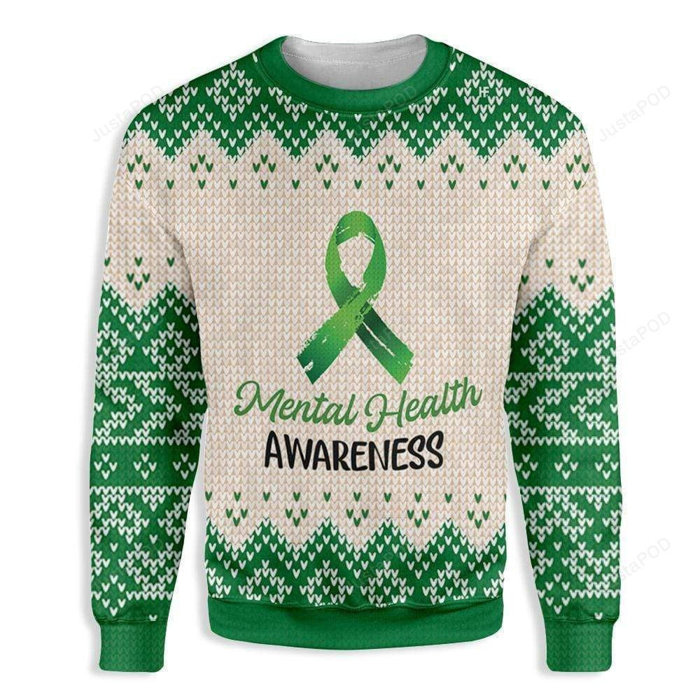 Green Ribbon Mental Health Awareness Ugly Christmas Sweater Adult 3D Funny Matching for family