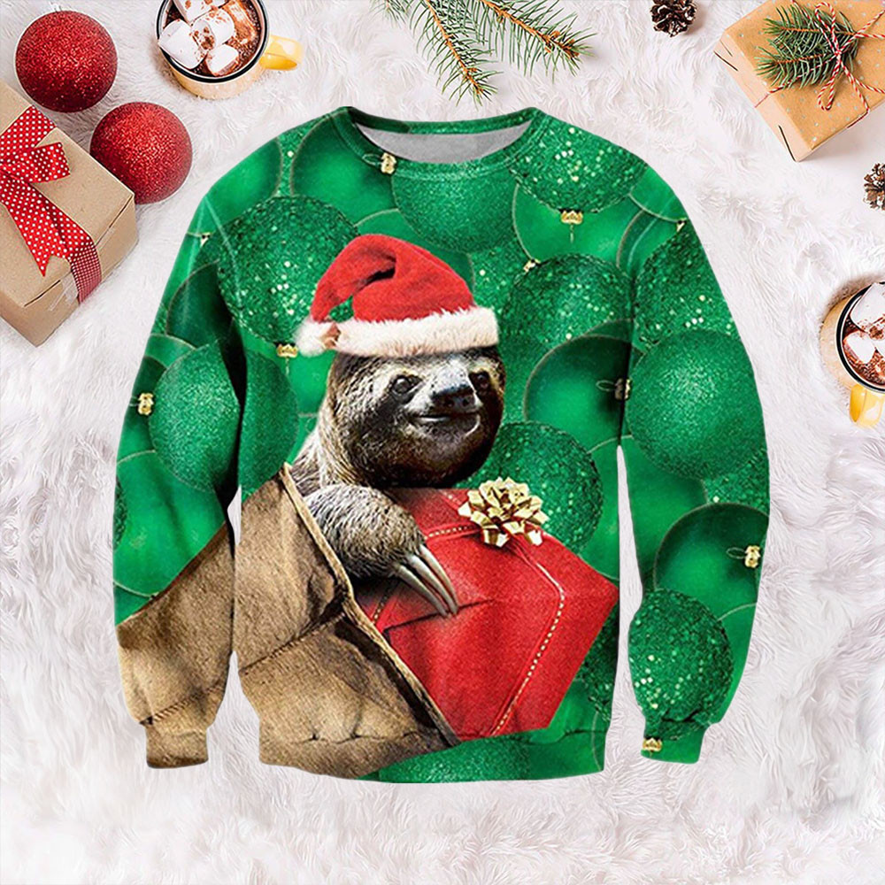 Green Sloth Hat Ugly Christmas Sweater Funny Xmas Jumpers Womens Gifts For Sloth Lovers