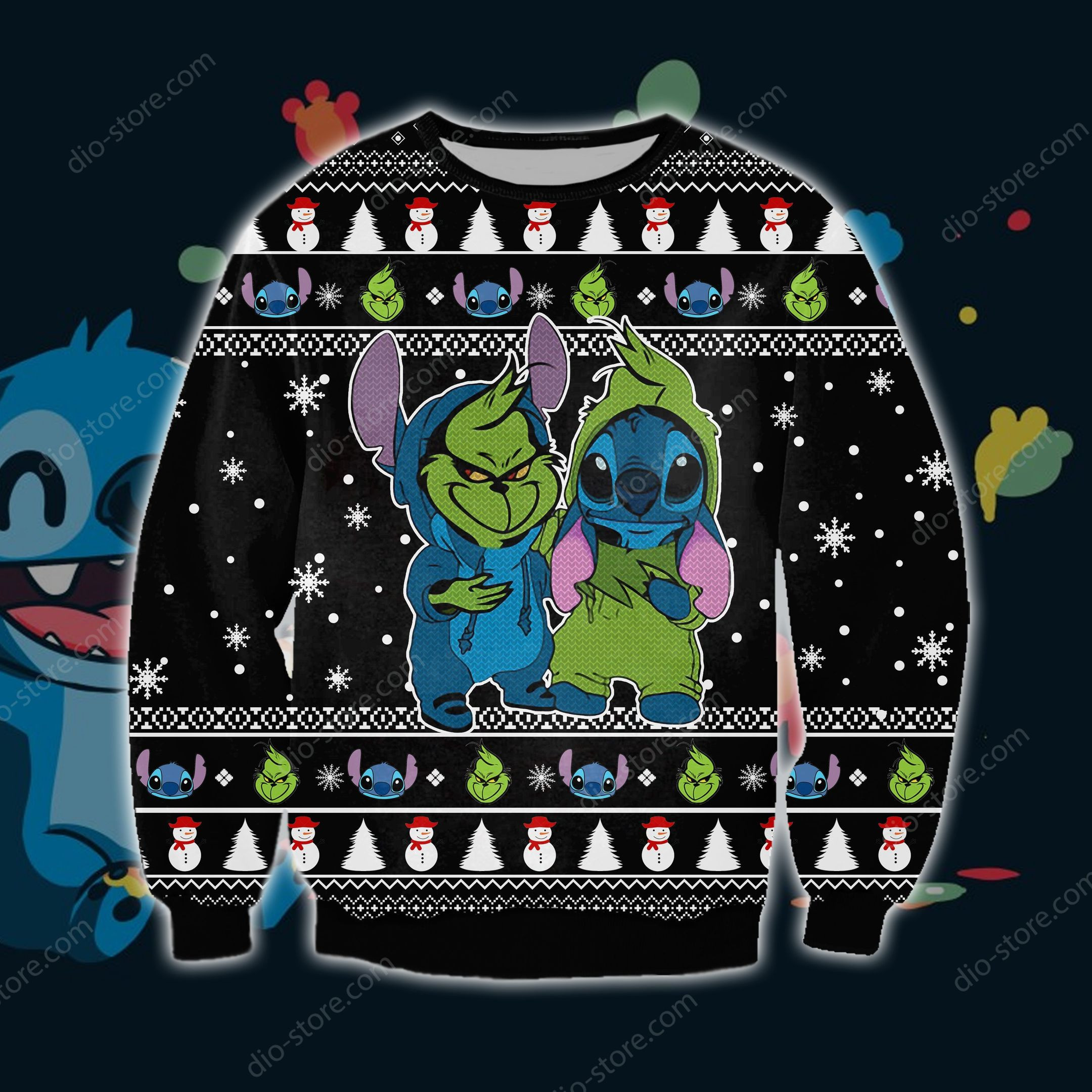 Grinch And Stitch Funny Knitting Pattern For Unisex Ugly Christmas Sweater Adult 3D Funny Matching for family