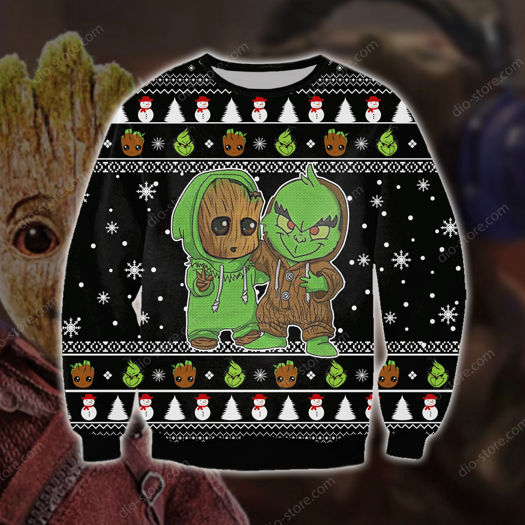 Groot And Grinch Funny Knitting Pattern 3D Print Ugly Christmas Sweater Adult 3D Funny Matching for family