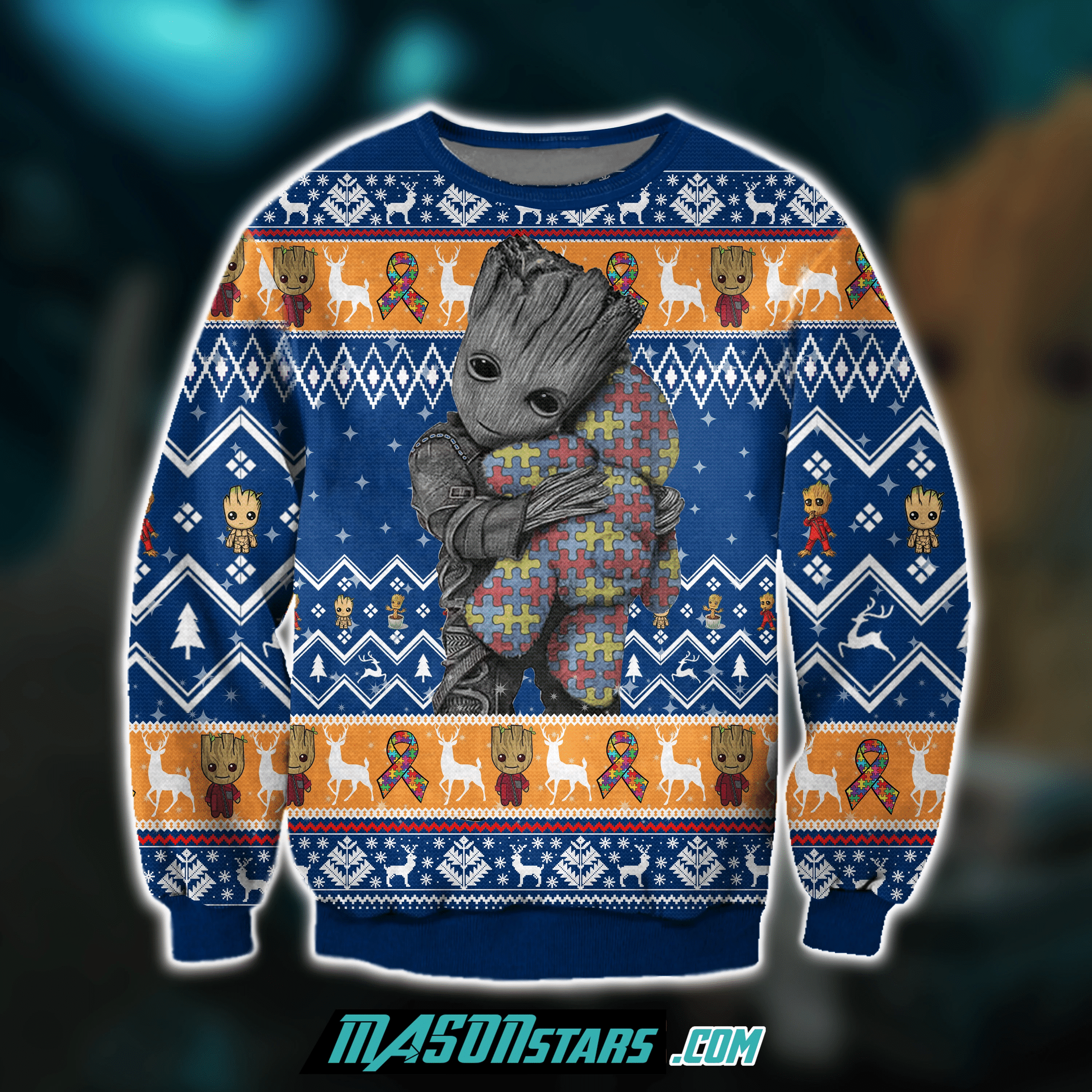 Groot Hugs Pieces Of Autism 3D Print Ugly Christmas Sweater Adult 3D Funny Matching for family
