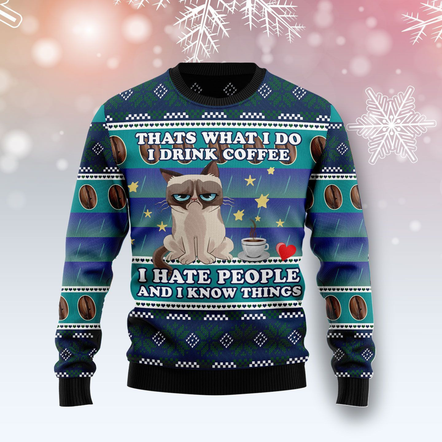 Grumpy Cat Coffee Ugly Christmas Sweater Adult 3D Funny Matching for family