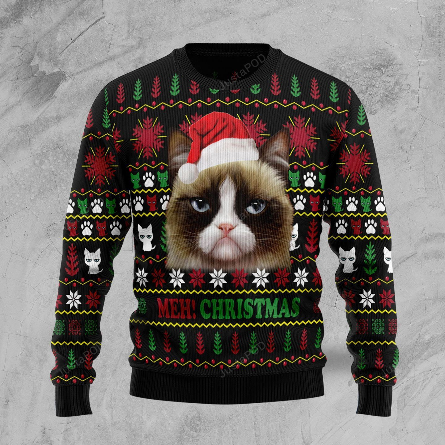 Grumpy Cat Meh! Christmas Ugly Christmas Sweater Adult 3D Funny Matching for family
