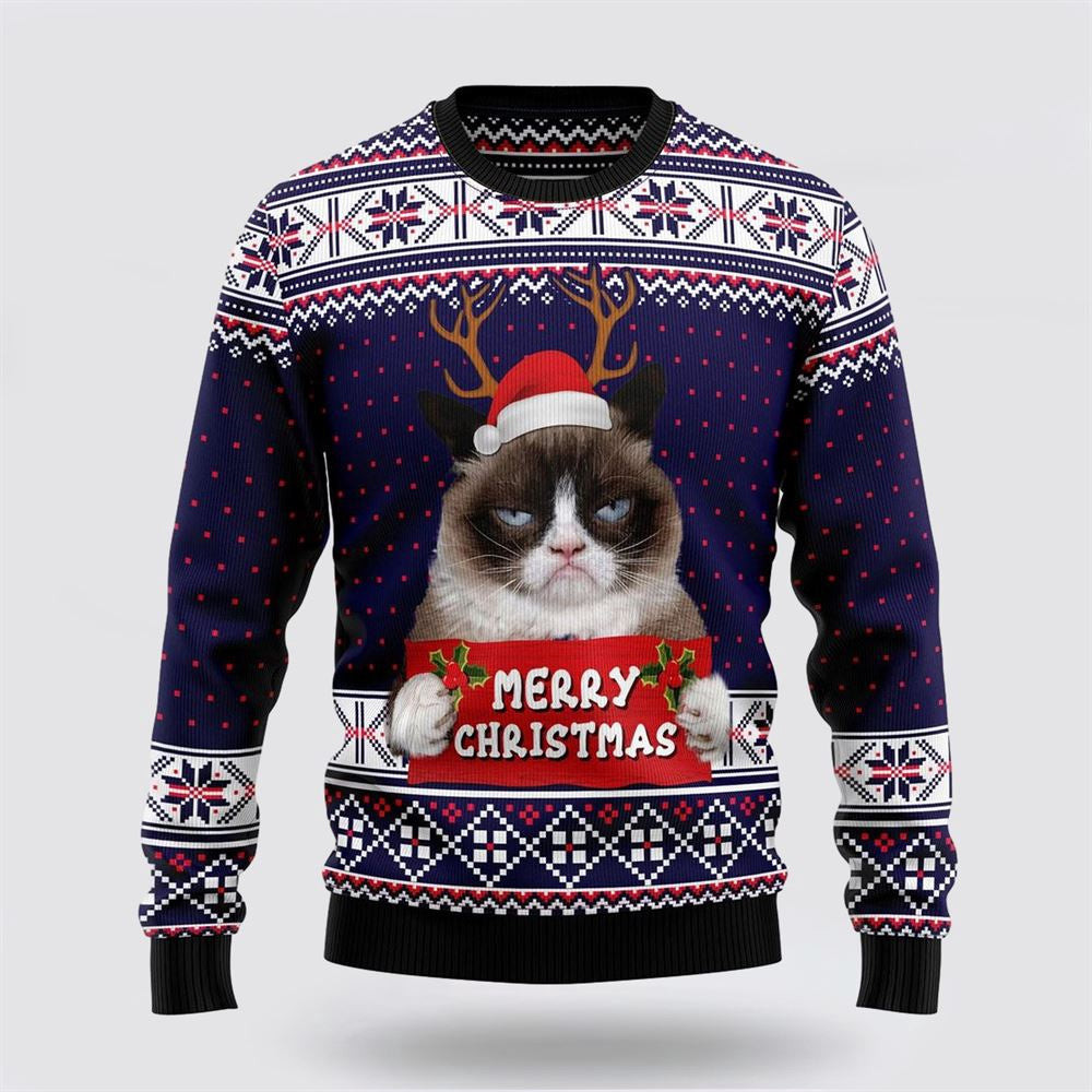 Grumpy Cat Merry Christmas Xmas Santa Hat Ugly Christmas Sweater Christmas Unisex Sweater Funny Christmas Sweater