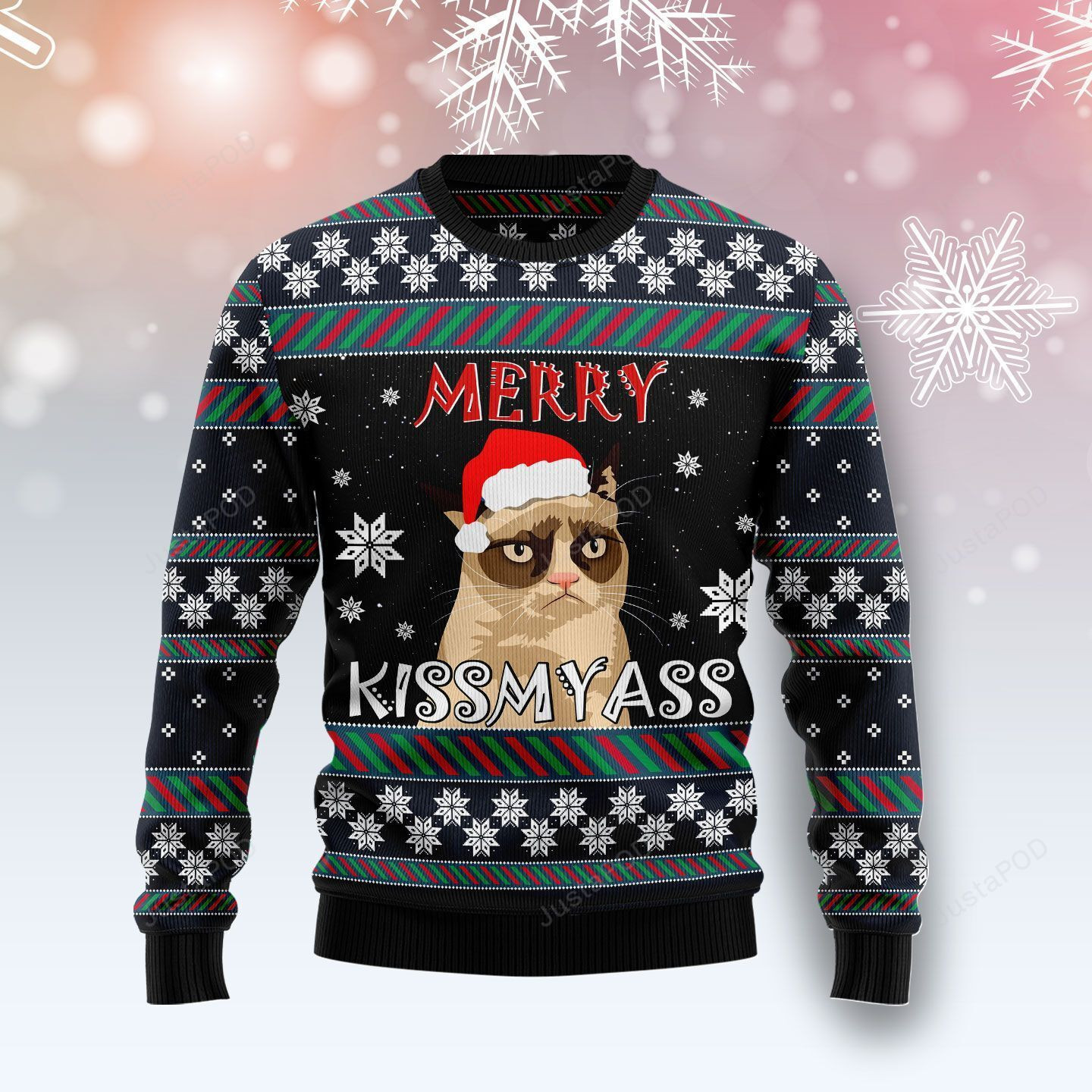 Grumpy Cat Merry Kissmyass Ugly Christmas Sweater Adult 3D Funny Matching for family