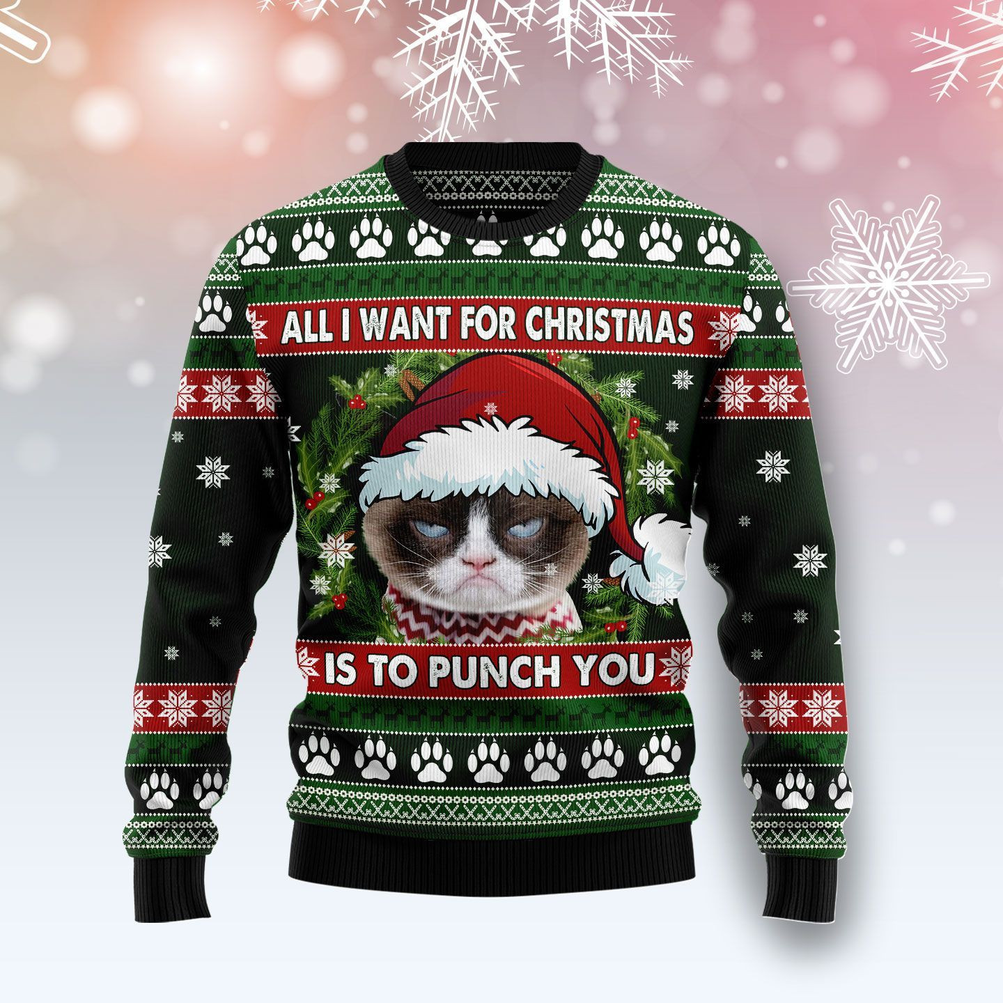 Grumpy Cat Punch You Ugly Christmas Sweater Adult 3D Funny Matching for family