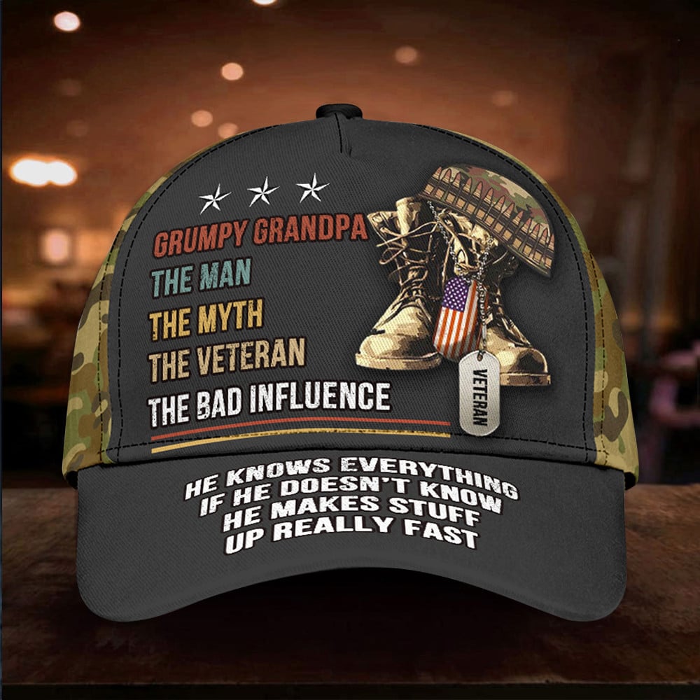 Grumpy Grandpa The Man The Myth The Veteran Hat Honoring Military Patriot Merch Grandpa Gifts Trucker Hats Custom Hats Gifts For Men & Women