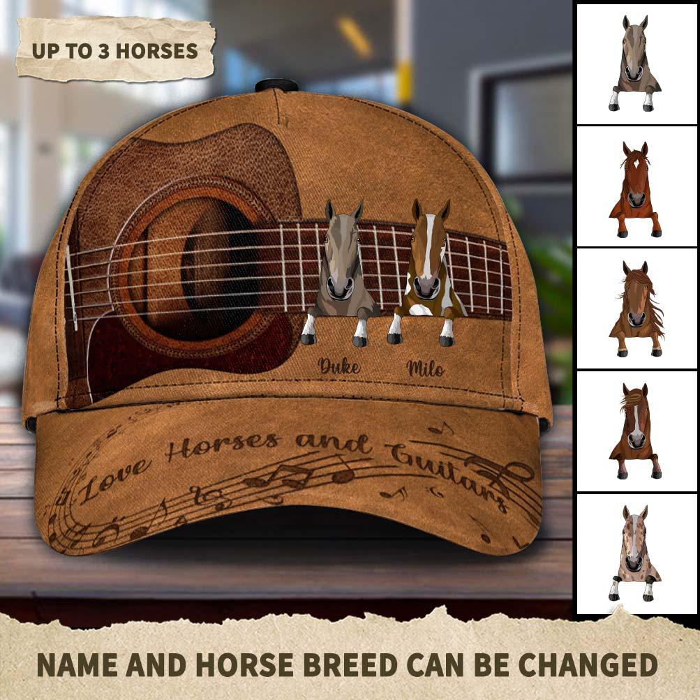 Guitar Love Horses And Guitars Brown Personalized Classic Cap, Personalized Gift for Horse Lovers, Personalized Gift for Music Lovers, Guitar Lovers Trucker Hats Custom Hats Gifts For Men & Women