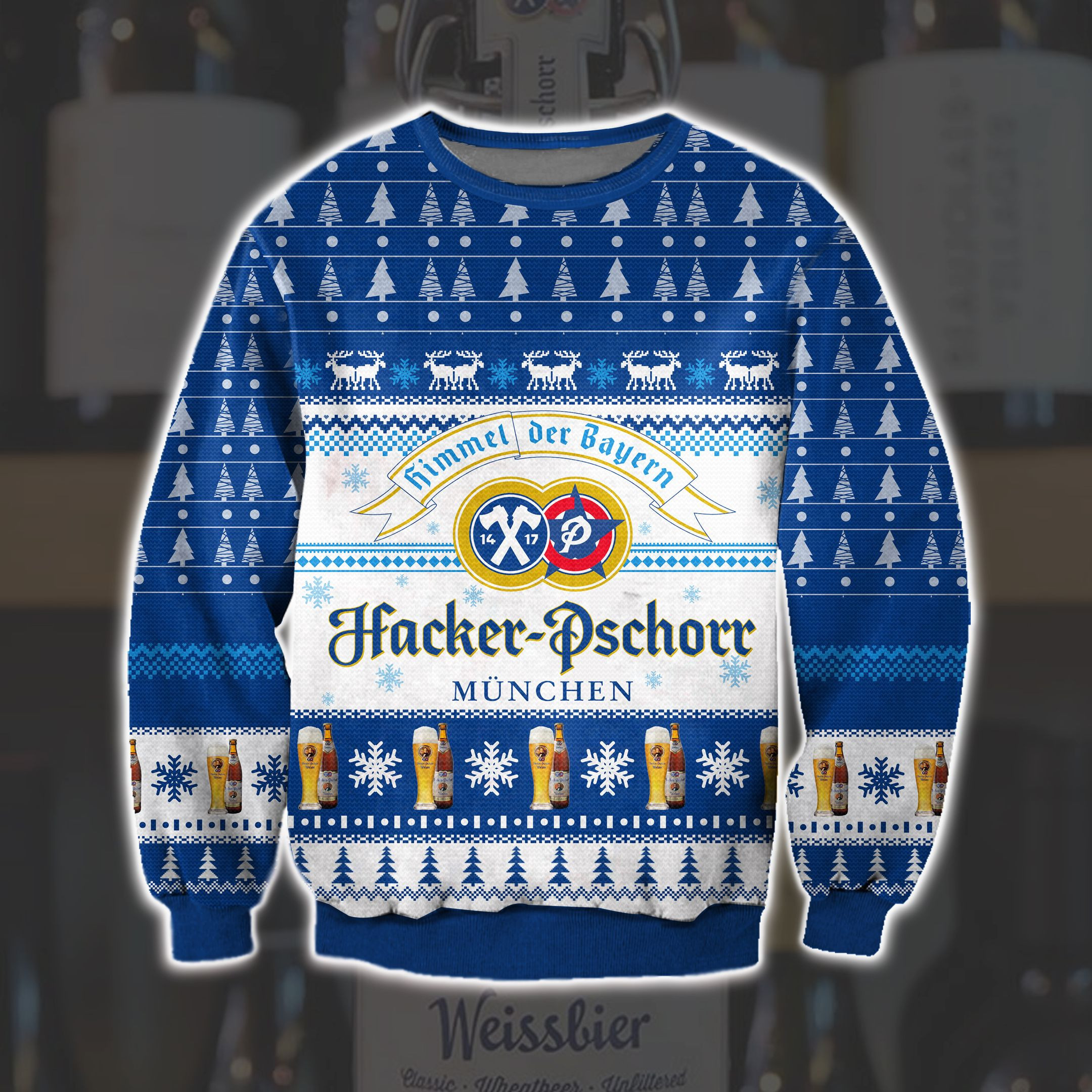 Hacker-Pschorr Beer 3D Print Ugly Christmas Sweater Adult 3D Funny Matching for family