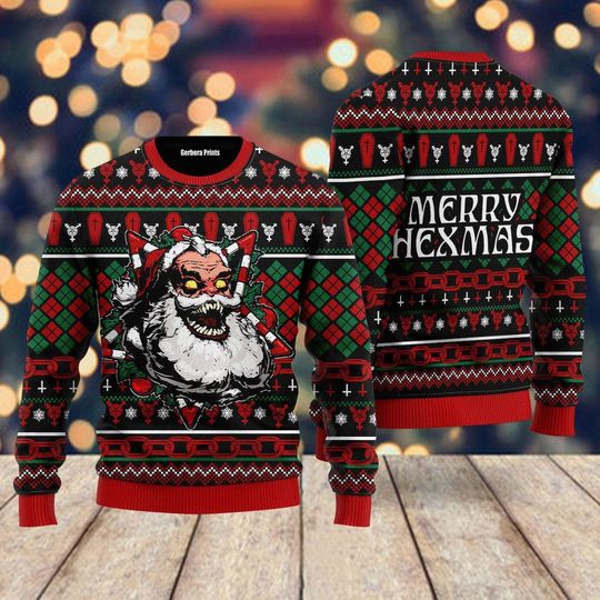 Hail Santa Merry Hexmas Ugly Christmas Sweater Ugly Christmas Sweater - Image 5