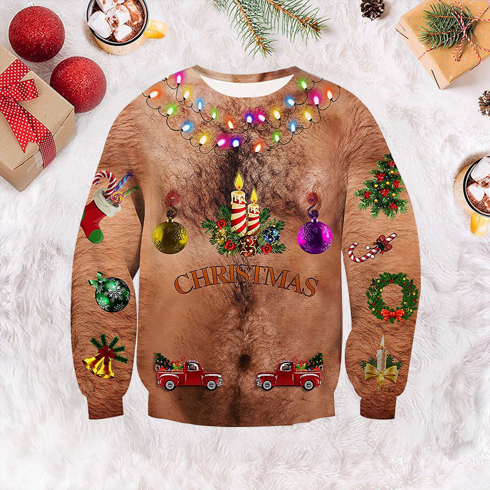 Hairy Chest Bulbs Sweater Mens Funny Ugly Christmas Sweater Gifts For Brother
