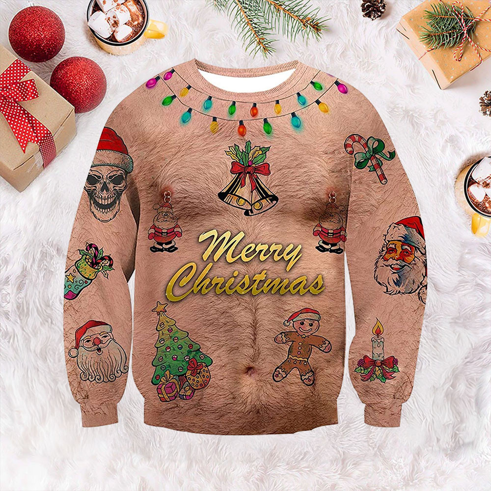 Hairy Chest Skull Bells Ugly Christmas Sweater Mens Christmas Sweater Funny Gifts For Men