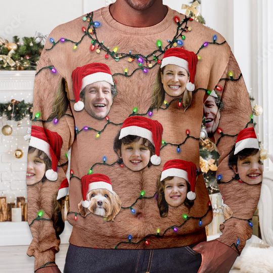 Hairy Chest Tattoos Bulbs Novelty Party Ugly Sweater, Personalized Family Photo - Image 9