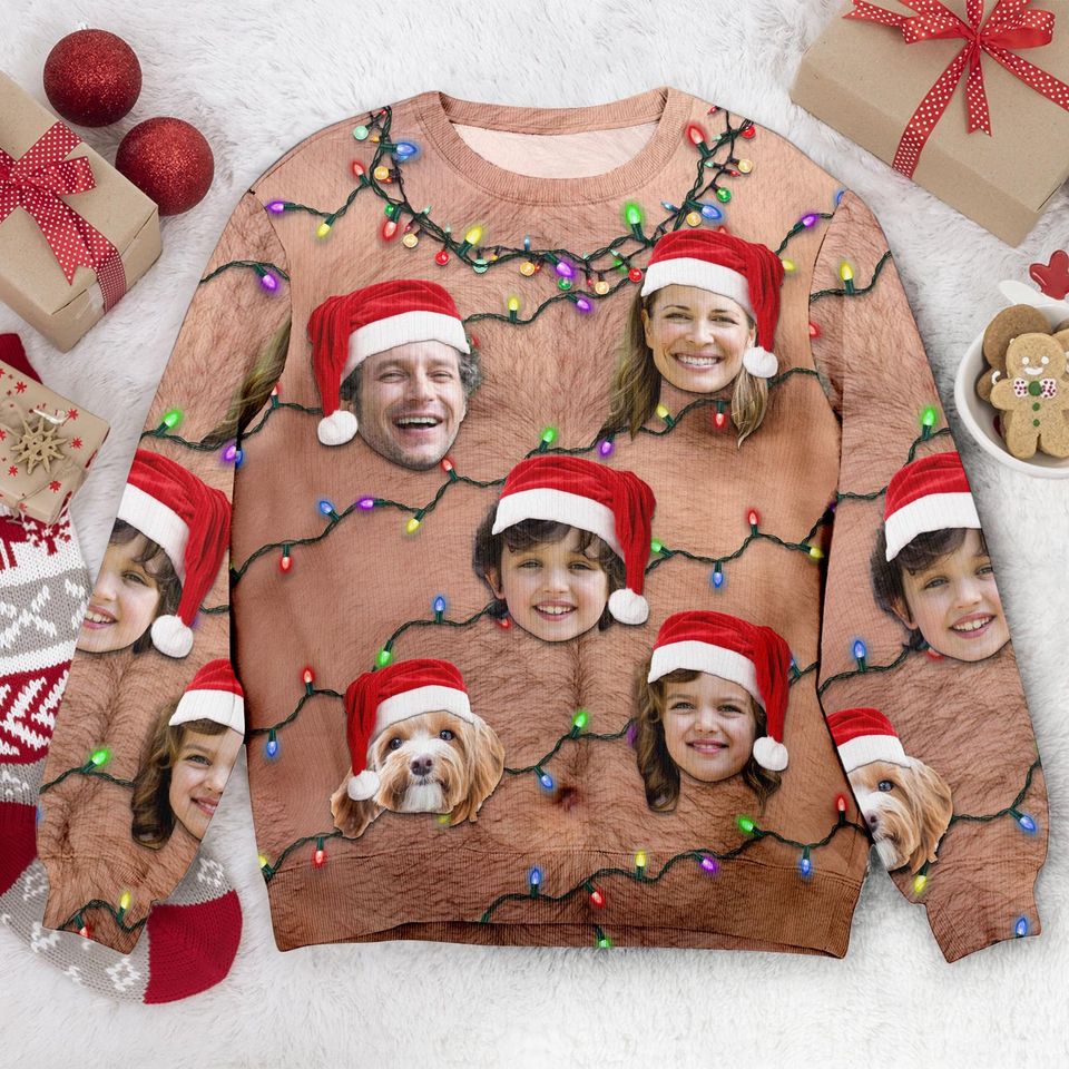 Hairy Chest Tattoos Bulbs Novelty Party Ugly Sweater, Personalized Family Photo - Image 3