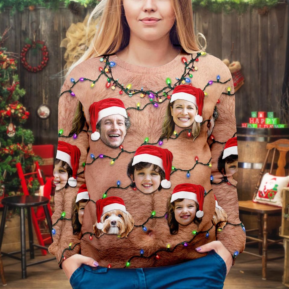 Hairy Chest Tattoos Bulbs Novelty Party Ugly Sweater, Personalized Family Photo - Image 4