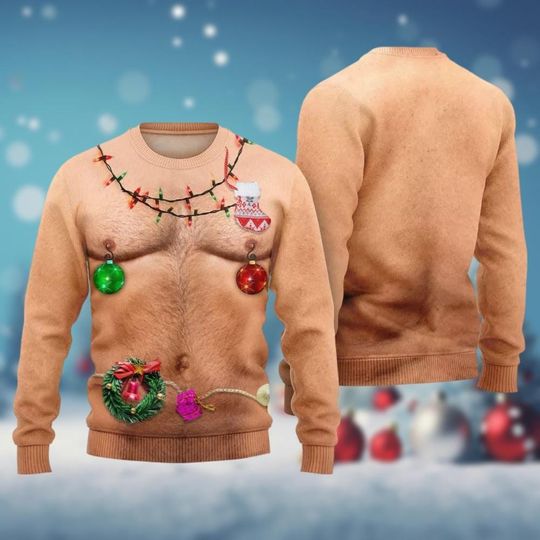 Hairy Chest Tattoos Bulbs Ugly Sweater, Holiday Sweater Party Gift - Image 7