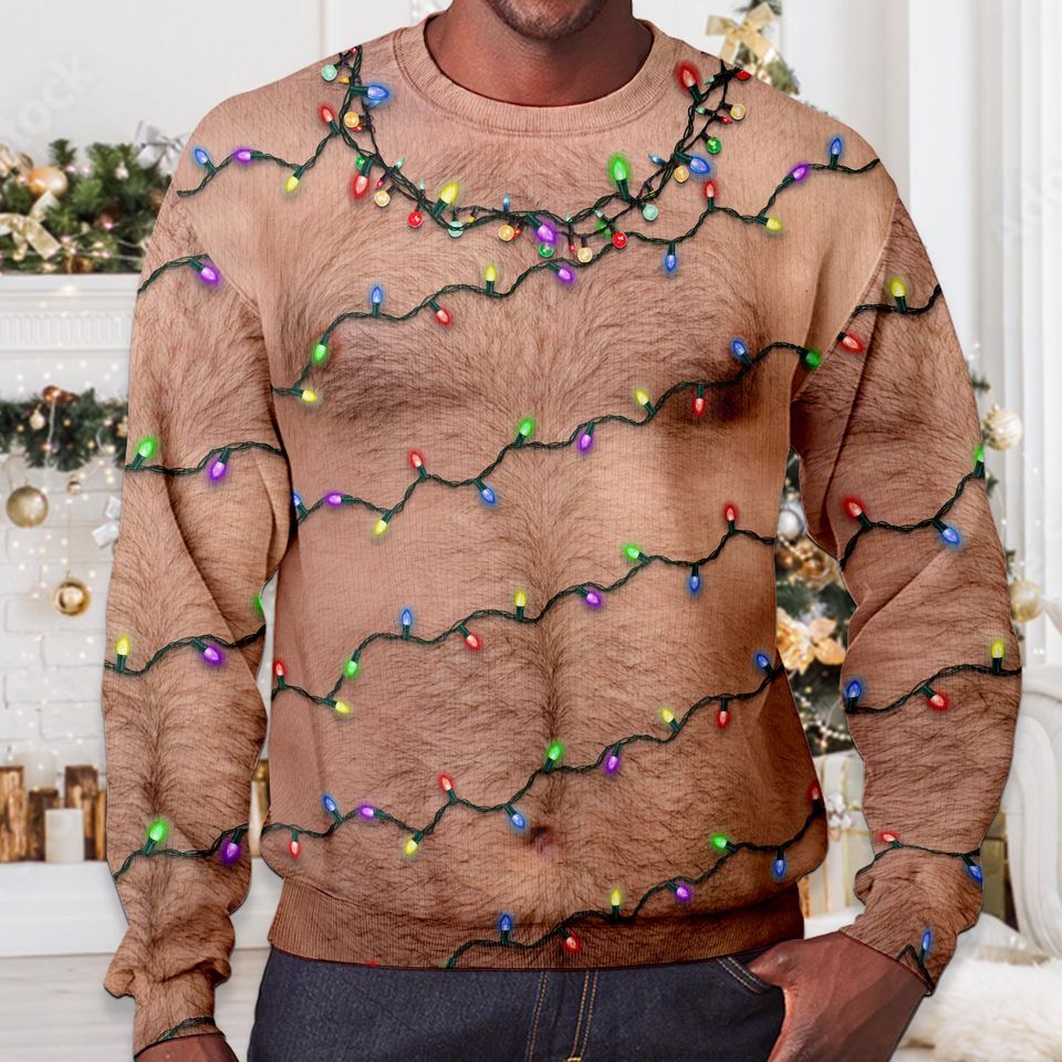 Hairy Chest Tattoos Bulbs Ugly Sweater Novelty Party Christmas Ugly Sweater