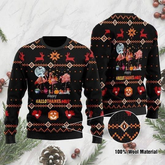 Hallothanksmas Flamingos Ugly Christmas Sweater Adult 3D Funny Matching for family