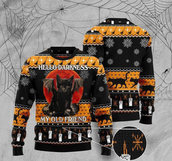 Halloween Black Cat Hello Darkness My Old Friend Ugly Christmas Sweater Adult 3D Funny Matching for family