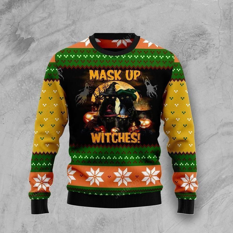 Halloween Black Cat Mask Up Witches Ugly Christmas Sweater Adult 3D Funny Matching for family